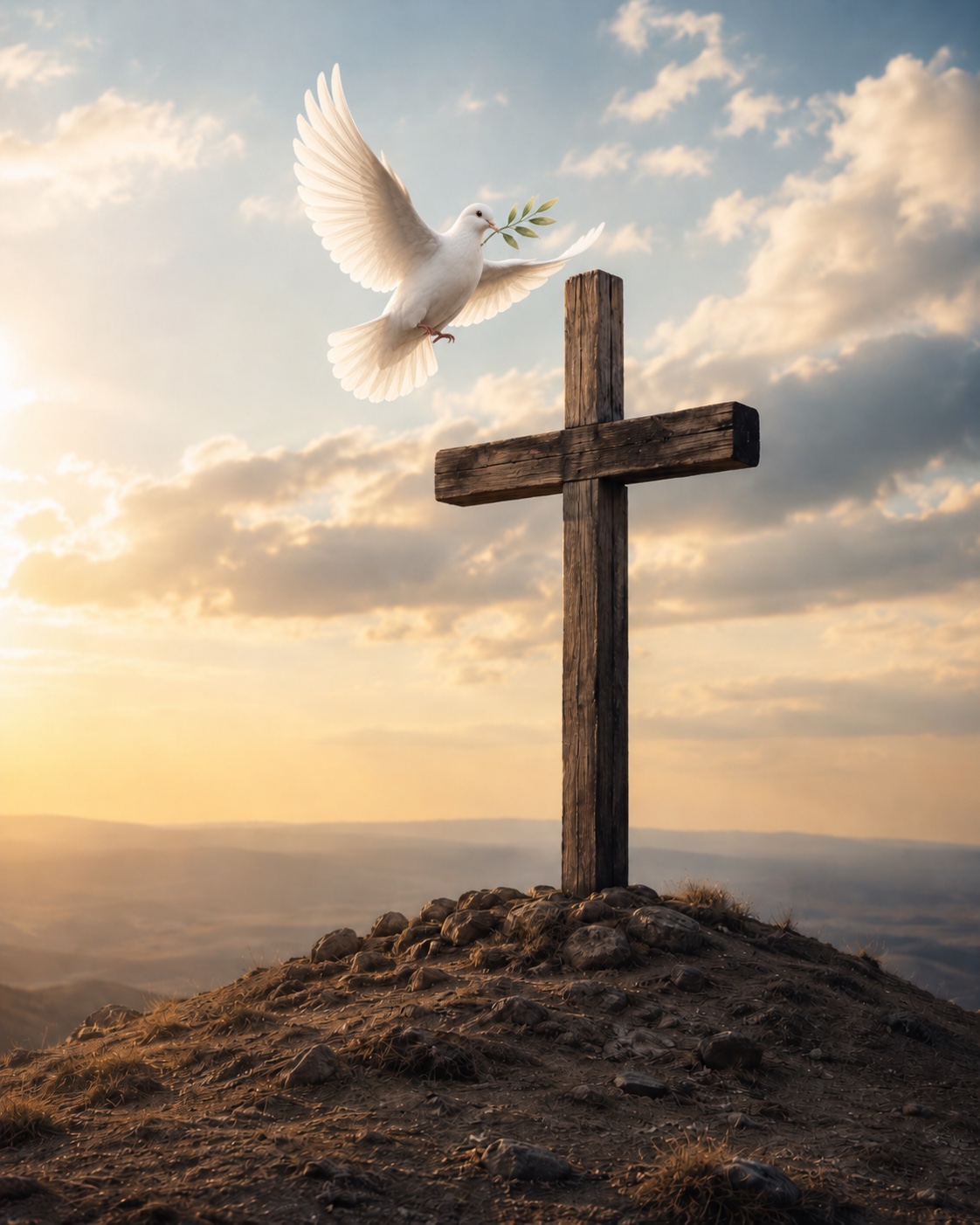 A dove carrying an olive branch toward the cross